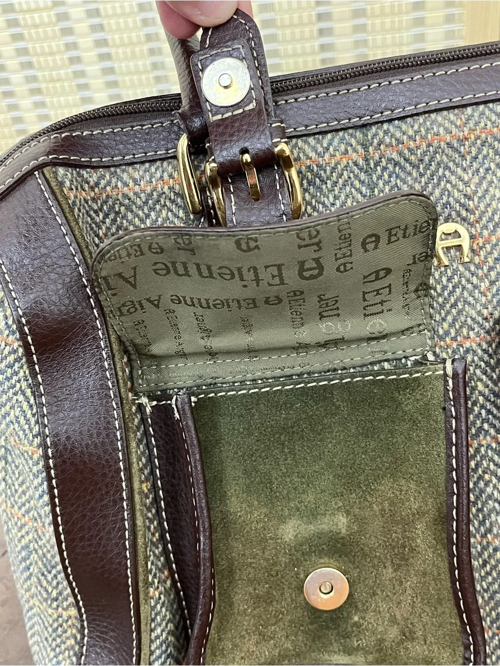 Etienne Aigner Brown Leather & Olive Tweed Satchel
